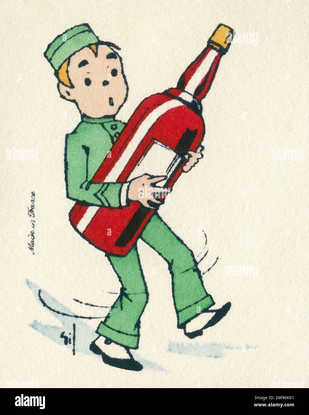 Visitenkarten-Design mit einem kleinen Hotelpagen in grüner Uniform und einer großen roten Flasche. Stockfoto