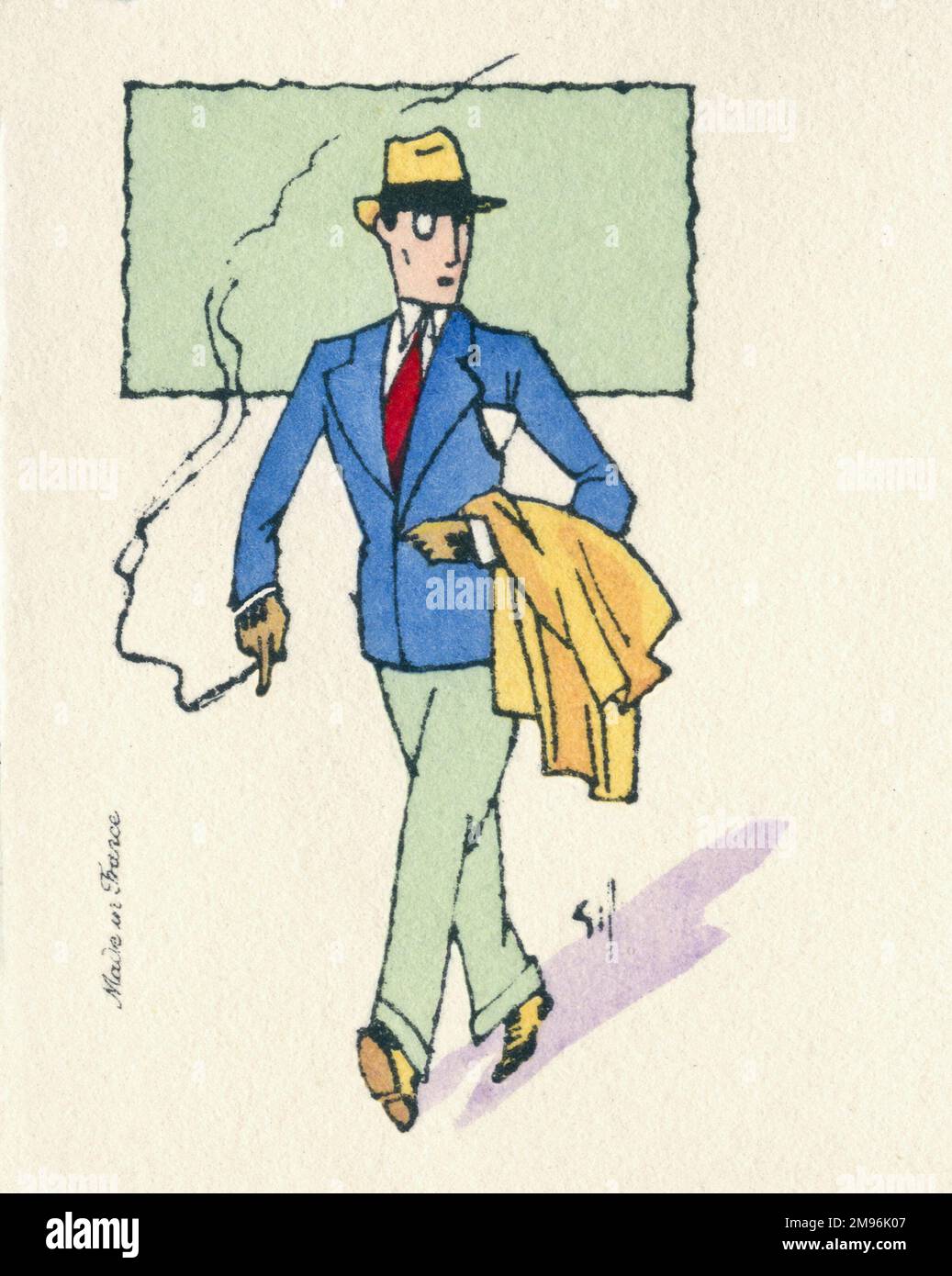 Visitenkarten-Design, das einen Mann darstellt, der raucht, mit dem Mantel über dem Arm. Stockfoto