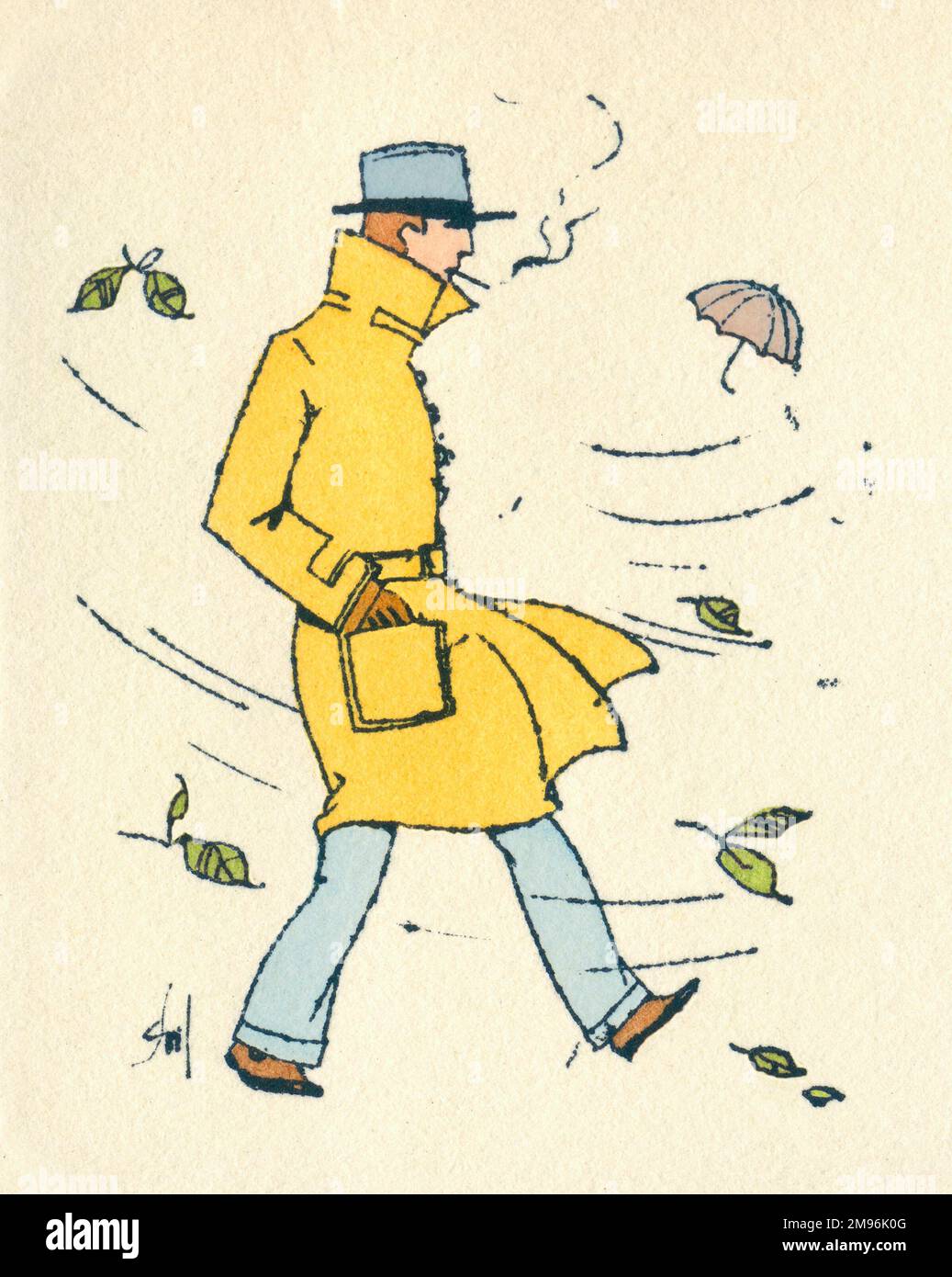 Visitenkartendesign, das einen Mann in einem gelben Mantel darstellt, der an einem windigen Herbsttag raucht. Stockfoto