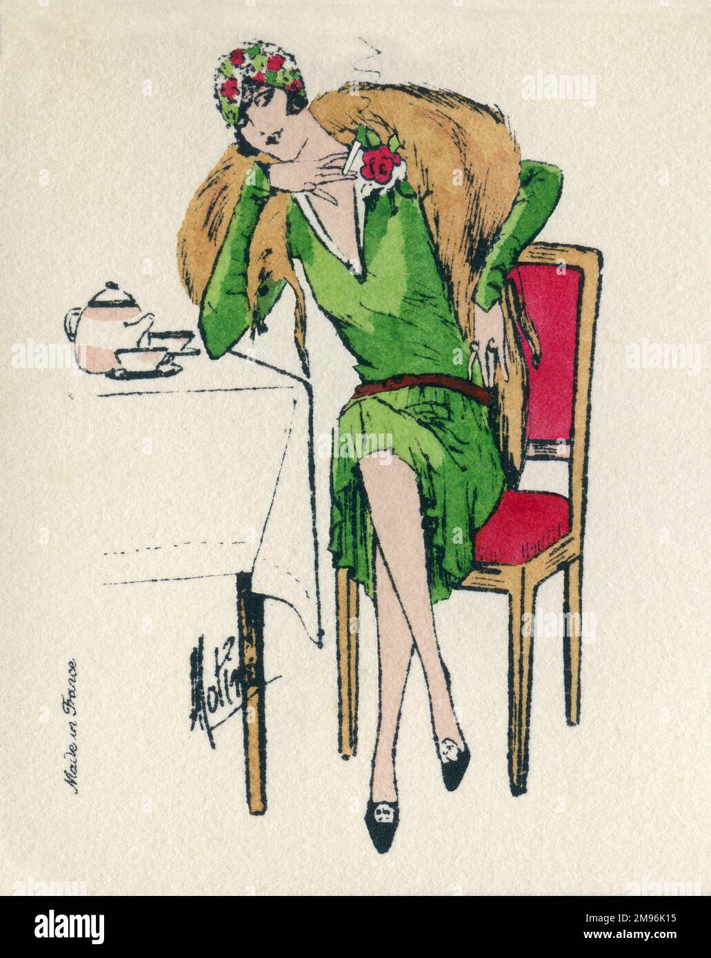 Visitenkarten-Design, mit einer Frau in einem grünen Kleid und einem großen Pelz, der an einem Teetisch gesessen hat. Stockfoto