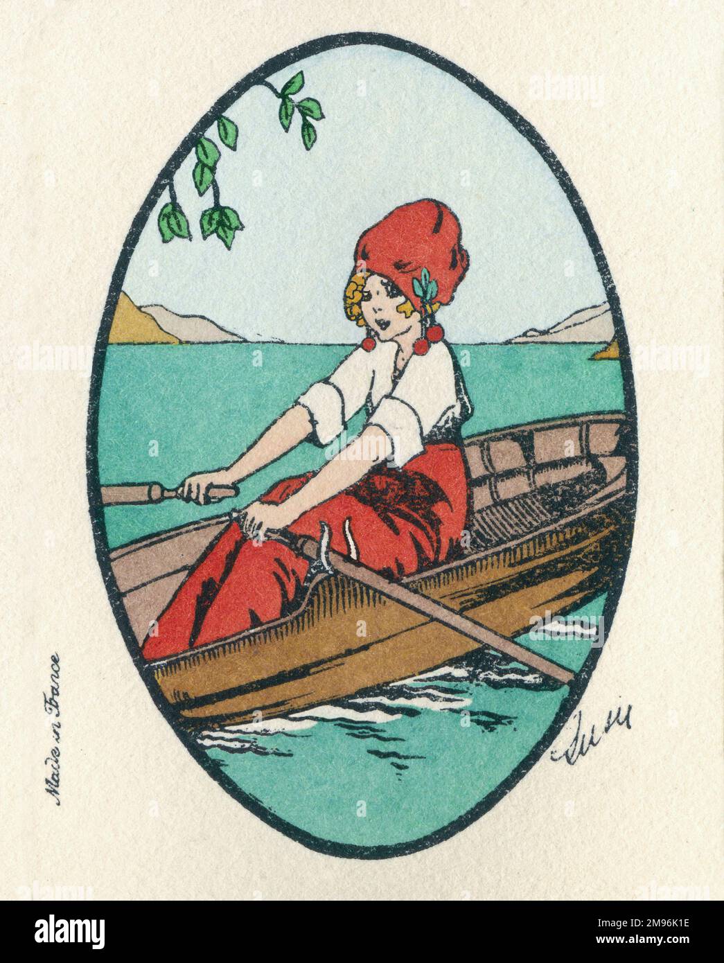 Visitenkartendesign, das eine junge Frau in rot-weißen Kostümen darstellt, die ein Boot rudert. Stockfoto