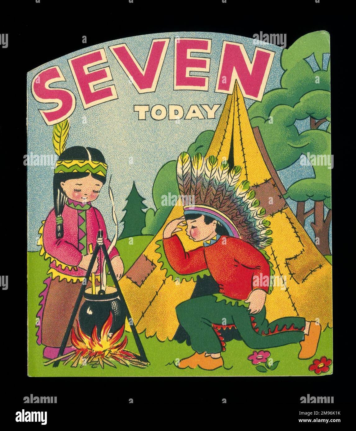 Geburtstagskarte, heute sieben, mit einem Mädchen und einem Jungen in einem roten Indianerkleid vor einem Wigwam. Stockfoto