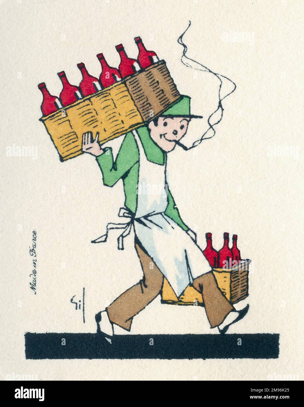 Visitenkartendesign, mit einem lächelnden Mann, der mehrere Flaschen Wein in zwei Körben trägt. Stockfoto