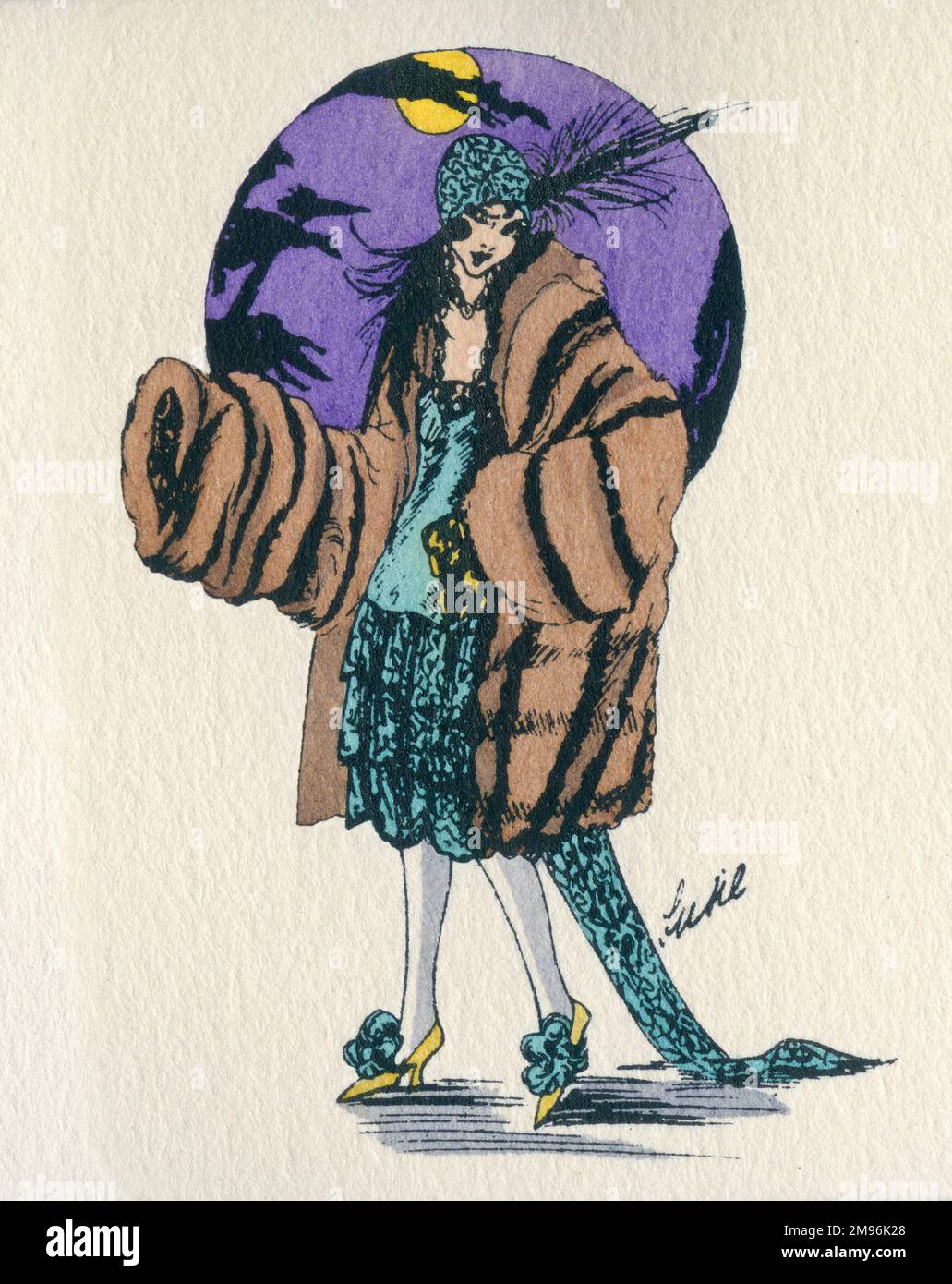 Visitenkarten-Design, mit einer Frau in einem blauen Kleid und einem Pelzmantel, der ihr zu groß erscheint. Stockfoto