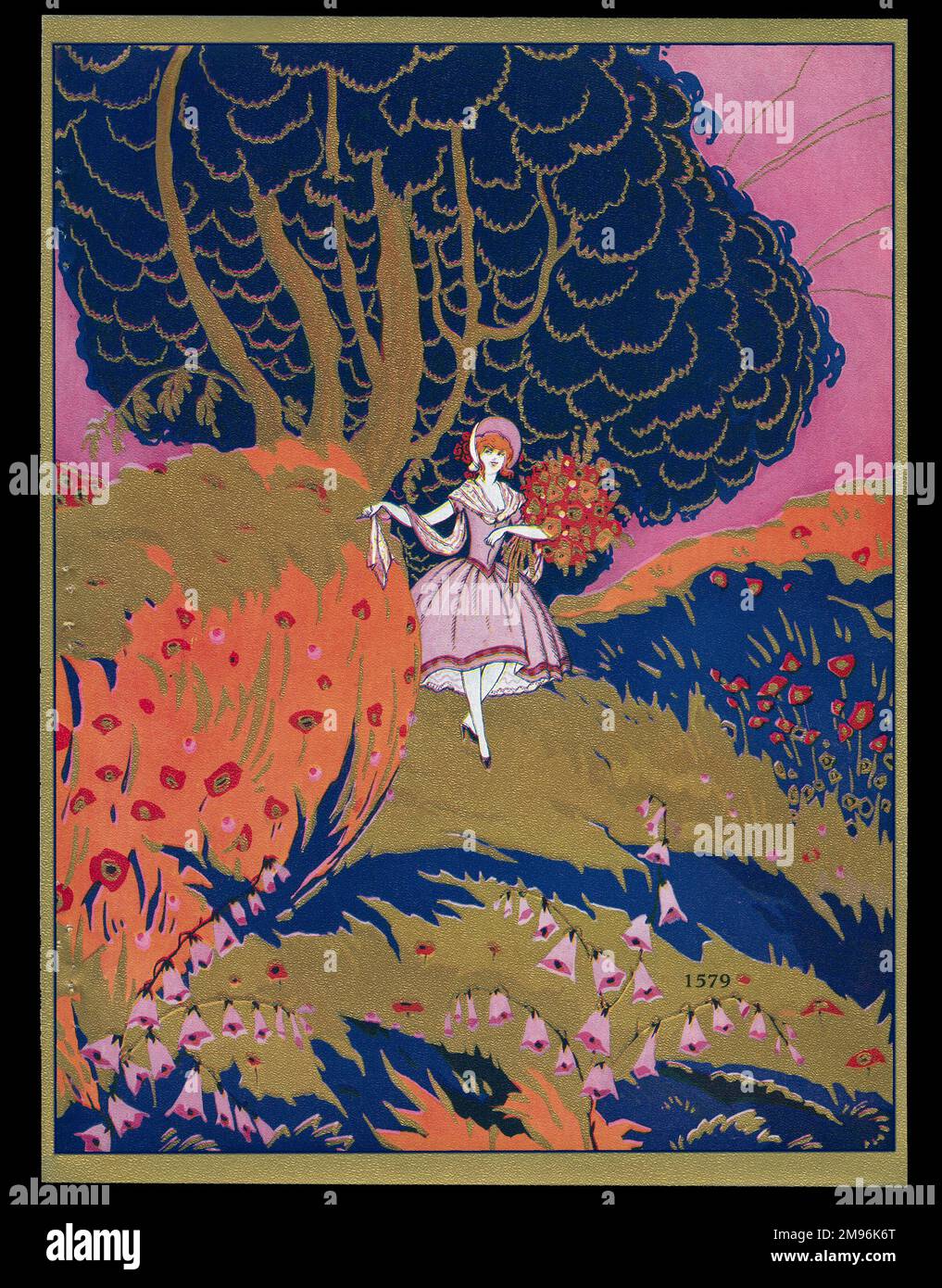 Schokoladenschachtel mit einer Dame, die durch ein Feld läuft und einen Blumenstrauß trägt. Stockfoto