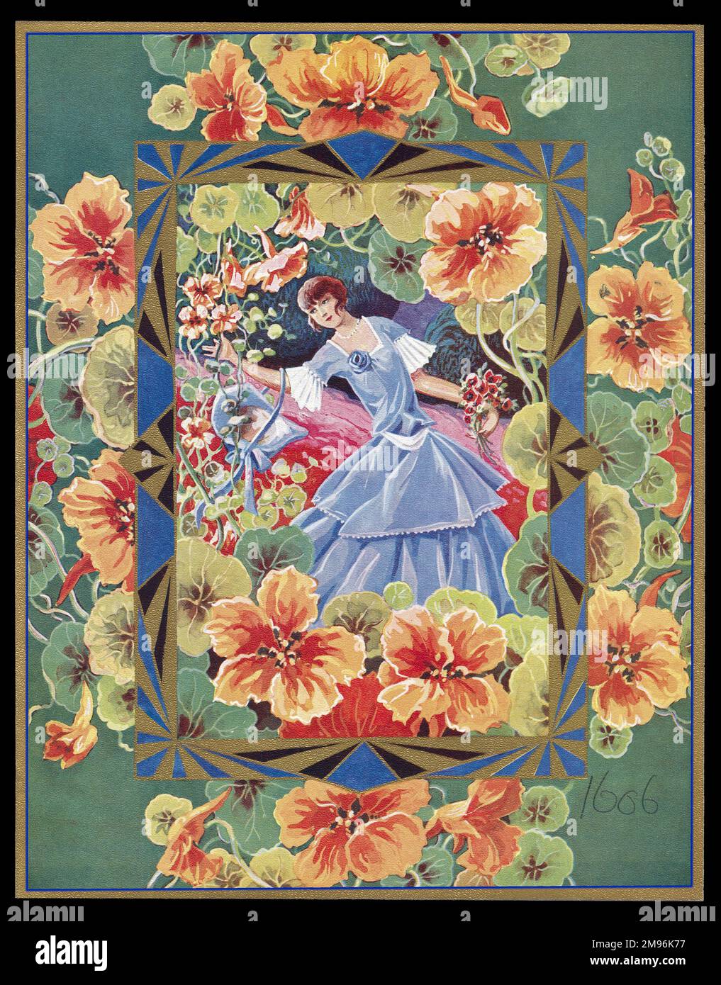 Schokoladenschachtel mit einer Dame in einem blauen Kleid in einem Garten, die Blumen pflückt und pflegt. Stockfoto