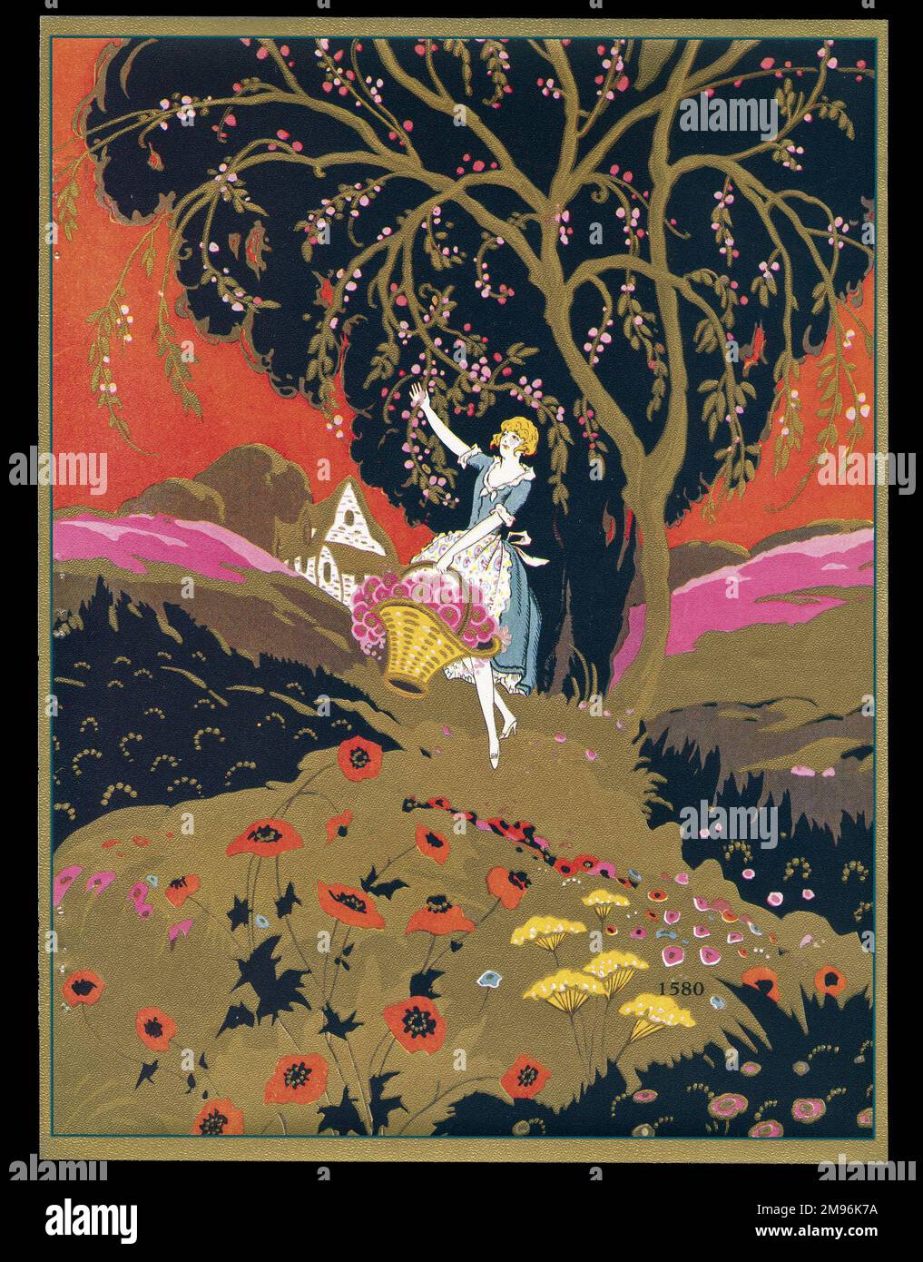 Schokoladenschachtel mit einer Dame, die Obst von einem Baum pflückt. Die Landschaft ist in unmöglichen Farben, darunter Schwarz und Gold. Stockfoto