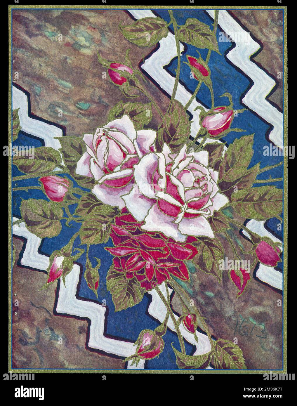 Schokoladenschachtel mit pinkfarbenen Rosen und Knospen und einem weiß-blauen Zickzackmuster im Hintergrund. Stockfoto