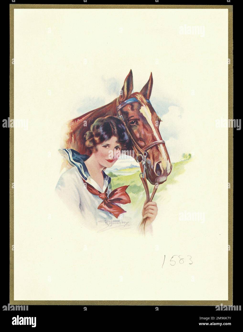 Schokoladenschachtel mit einer Dame und ihrem Pferd. Stockfoto
