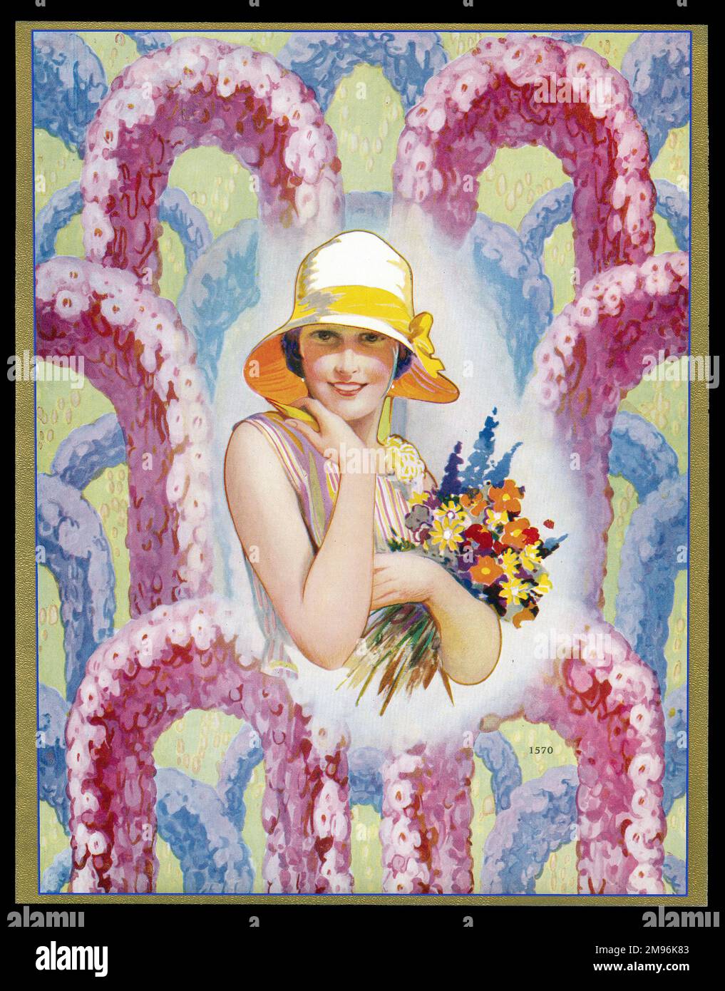 Schokoladenkastendesign mit einer Dame mit Hut und einem Blumenstrauß, mit pinkfarbenen und blauen Blumenbögen im Hintergrund. Stockfoto