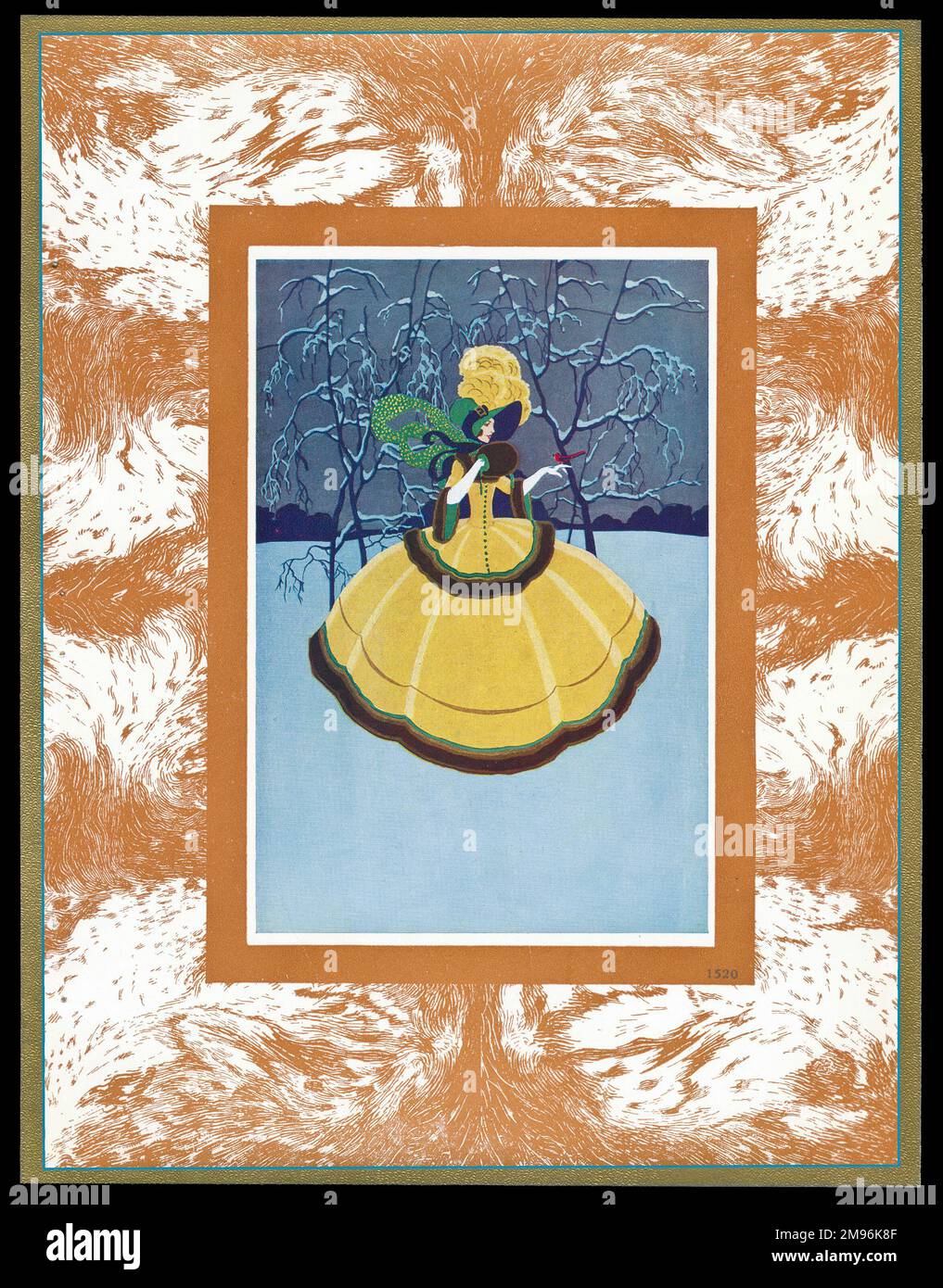 Schokoladenschachtel mit einer Dame in einem gelben Kleid mit breitem Rand, die in einer Winterlandschaft mit einem Vogel auf der Hand steht. Stockfoto