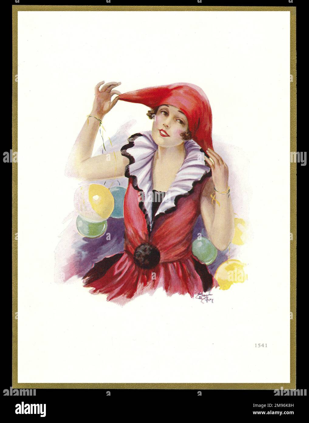Schokoladenschachtel mit einer Dame in einem roten Karnevalskostüm mit Ballons. Stockfoto