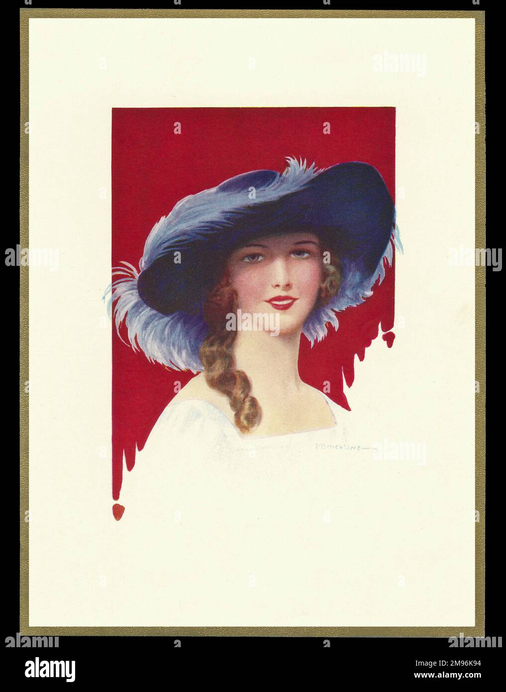 Schokoladenkastendesign mit einer Dame in einem breitränenförmigen Hut mit einer Feder. Stockfoto