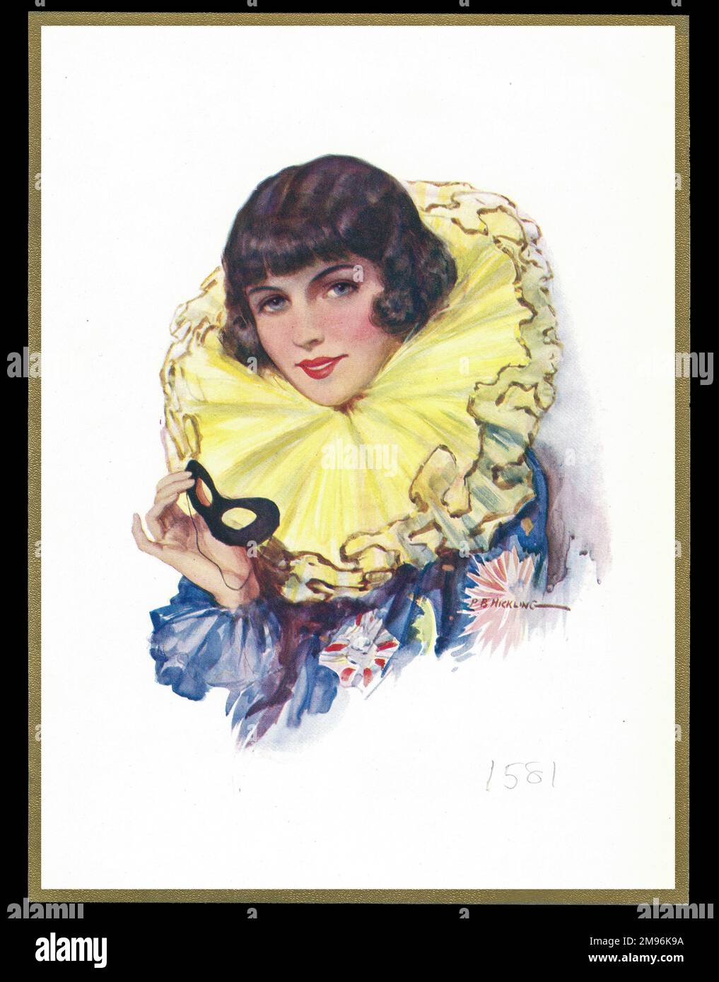 Schokoladenschachtel mit einer Dame im Karnevalskostüm, einer großen gelben Rübe um den Hals und einer schwarzen Maske in der Hand. Stockfoto