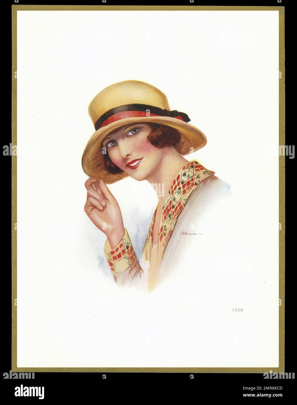 Schokoladenschachtel mit einer Dame in einem Hut mit breiter Krempe. Stockfoto