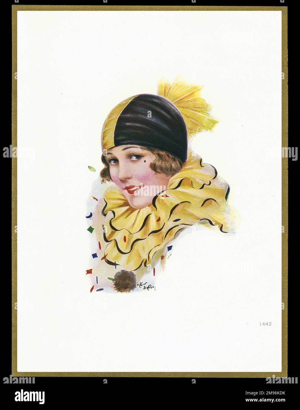 Schokoladenschachtel mit einer Dame in schwarz-gelbem Karnevalskostüm mit einer großen Rüsche um den Hals und einer engen Mütze auf dem Kopf. Stockfoto