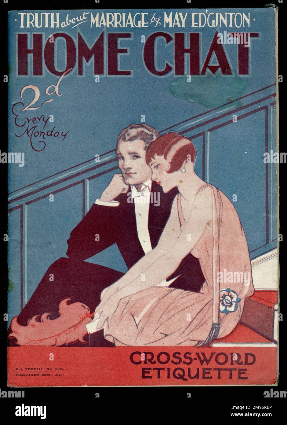 Titelseite des Magazins „Home Chat“ mit einem Artikel über die Wahrheit über die Ehe von May Edginton und Cross-Word-Ätiquette. Ein junges Paar auf einer Treppe zu sehen, das sich unterhält. Stockfoto