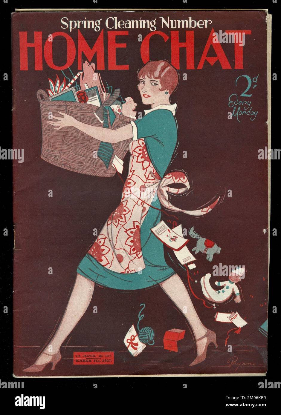 Titelseite des "Home Chat" Magazins, Frühjahrsputz-Nummer, zeigt eine junge Hausfrau in einer Schürze, wird Müll los. Stockfoto