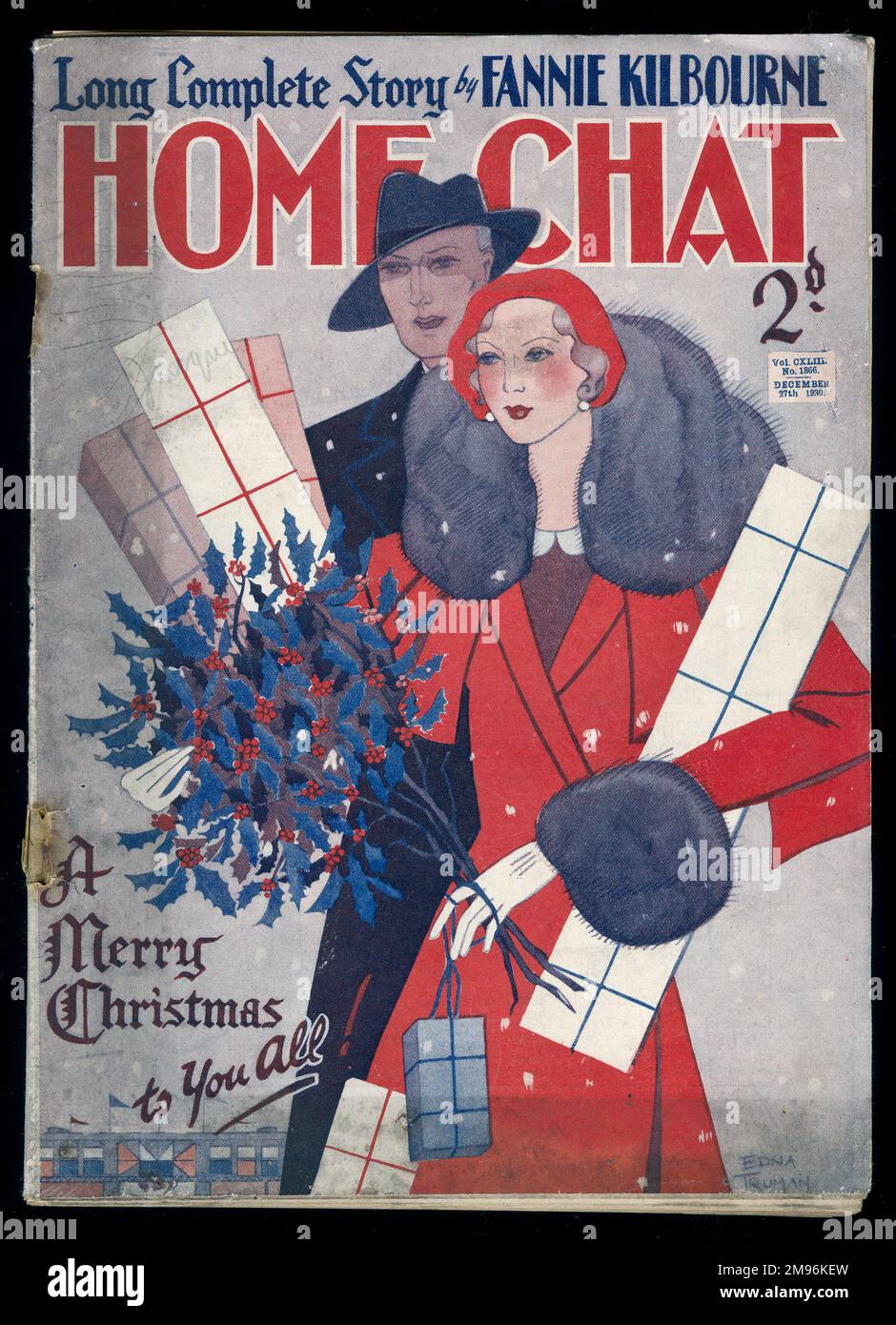 Titelseite des Magazins „Home Chat“, Weihnachtsnummer, mit einer vollständigen Geschichte von Fannie Kilbourne, die ein elegantes Paar beim Weihnachtseinkauf zeigt. Stockfoto