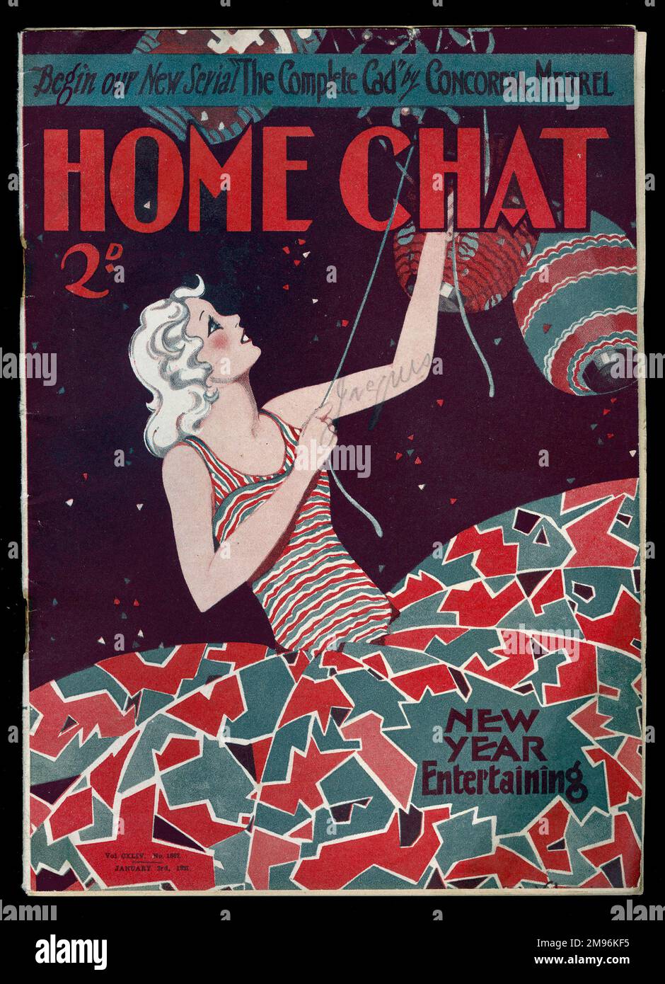 Titelseite des „Home Chat“ Magazins, in dem eine junge Frau Laternen aufstellt, für ein paar Neujahrsunterhaltung. Sie trägt ein rot-blau gemustertes Partykleid. Das Magazin enthält eine neue Serie namens Complete CAD, von Concordia Merrel. Stockfoto
