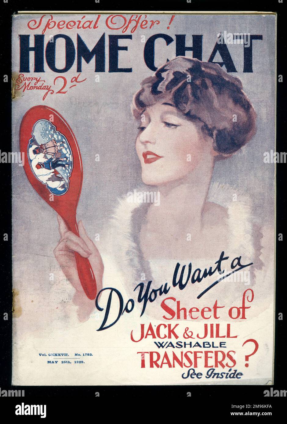 Titelseite des „Home Chat“-Magazins, mit einem Sonderangebot für ein Blatt von Jack und Jill waschbaren Transfers. Eine junge Frau hält einen Handspiegel, der mit einem der Transfers dekoriert ist. Stockfoto