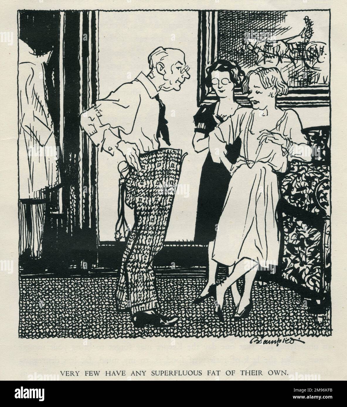 Illustration, Jersey im Gefängnis, zeigt einen dünnen Mann, dessen Hosen zu groß für ihn sind, der sich mit zwei Frauen unterhält -- sehr wenige haben selbst überflüssiges Fett. Stockfoto