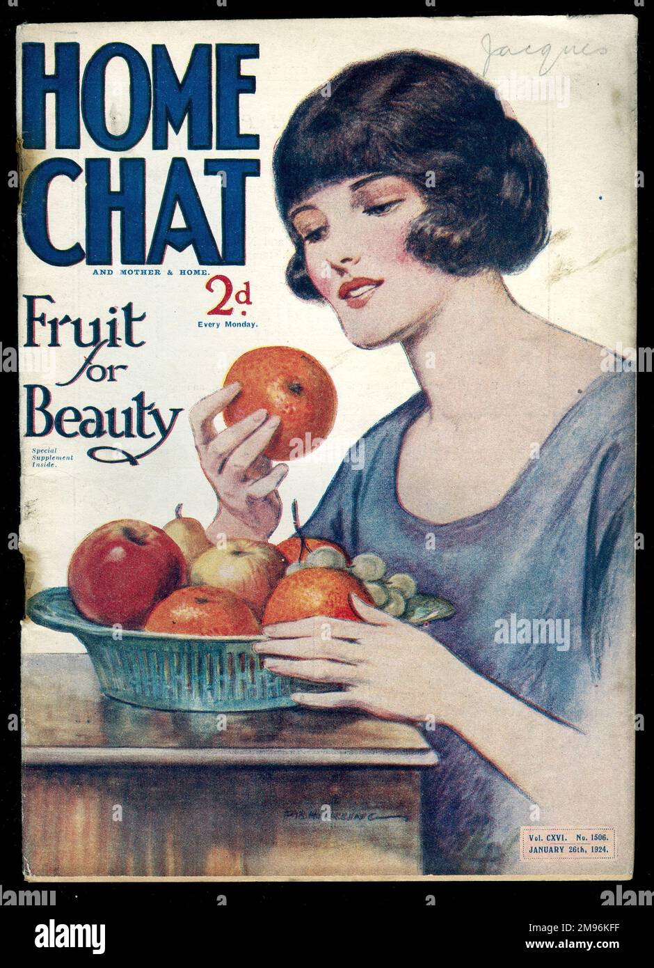 Titelseite des Magazins „Home Chat“ mit „Mother and Home“, in dem eine junge Frau mit einer Schüssel frischem Obst gezeigt wird, um „Fruit for Beauty“ zu illustrieren. Stockfoto