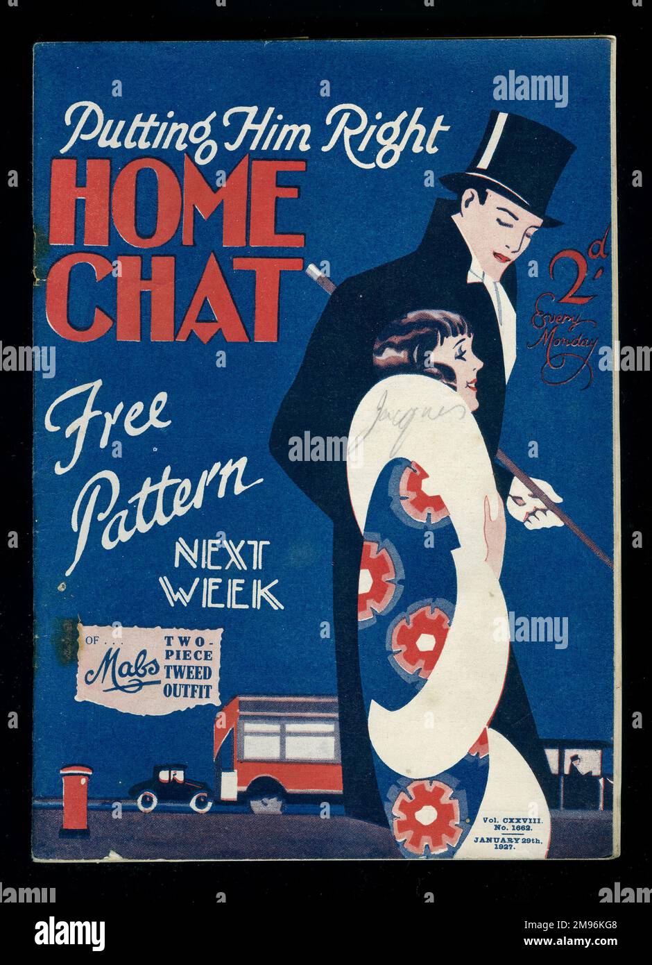Titelseite des "Home Chat" Magazins, mit einem Artikel mit dem Titel "Putting him Right", der ein elegantes Paar im Abendkleid zeigt, in der Stadt. Stockfoto