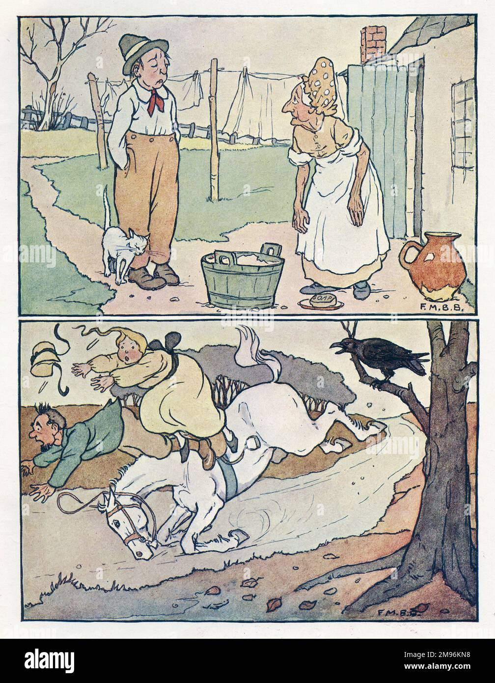 Kinderreime -- zwei Illustrationen. Oben... ein Mann und eine Frau am Waschtag. Unten -- eine Krähe erschreckt ein Pferd so sehr, dass die beiden Reiter abgeworfen werden. Stockfoto