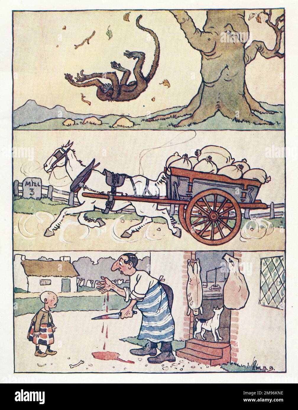 Kinderreime -- drei Illustrationen, die einen Affen zeigen, der von einem Baum fällt, ein Pferd, das einen Wagen voller Säcke zieht, und einen Metzger, der seine Hand an einem Messer geschnitten hat. Stockfoto