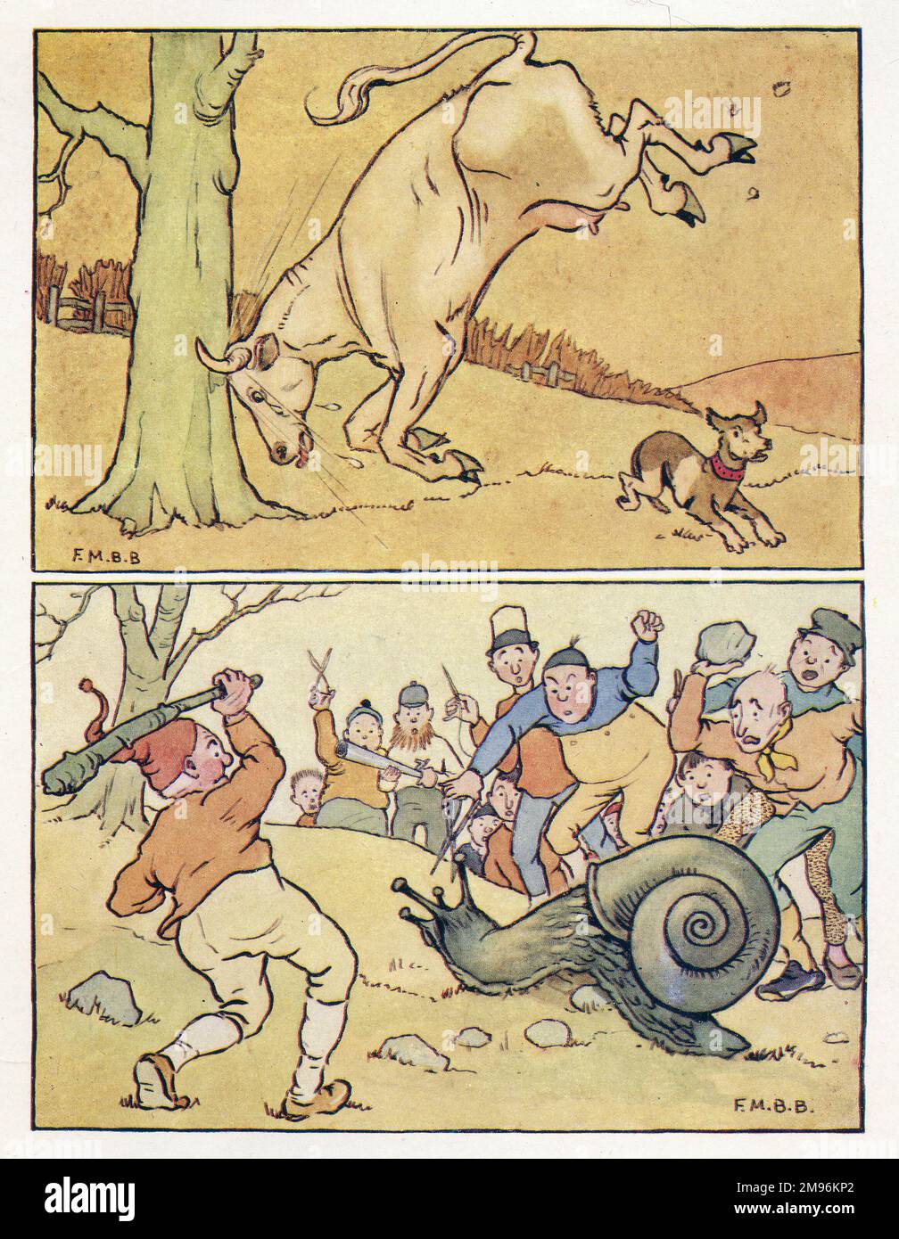 Kinderreime -- zwei Illustrationen. Oben -- ein kleiner Hund läuft weg, während ein Stier auf einen Baum läuft. Unten – Menschen werfen Stöcke und Steine auf eine Riesenschnecke (vierundzwanzig Schneider gingen, um eine Schnecke zu töten). Stockfoto