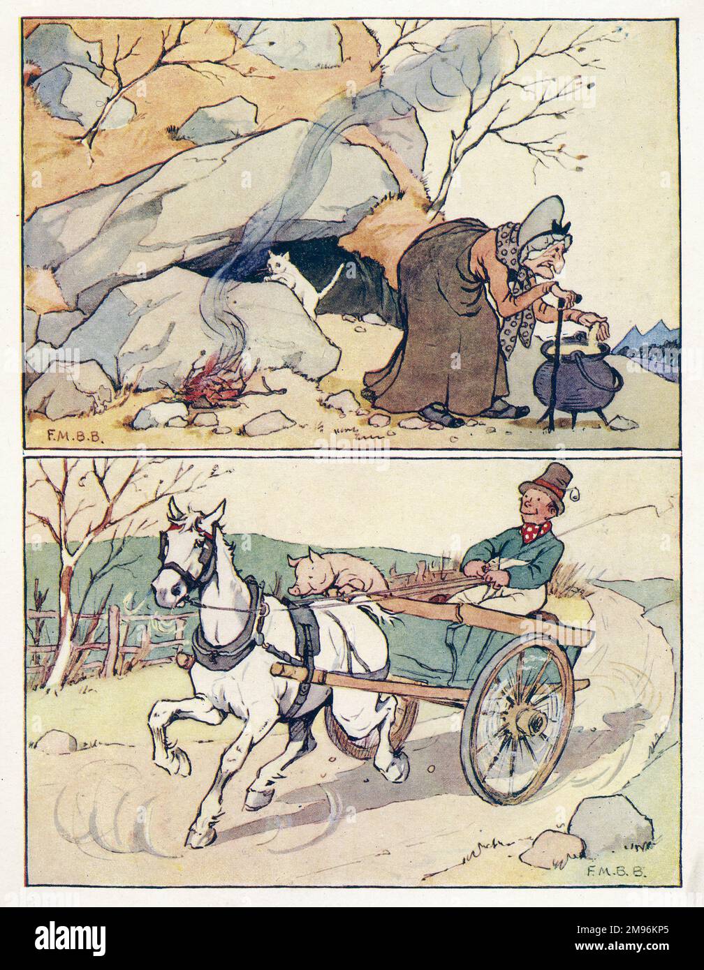 Kinderreime -- zwei Illustrationen. Oben -- eine alte Frau vor einer Höhle, mit Kochtopf, Feuer und Katze. Unten -- ein Mann fährt in einem Pferdewagen mit einem Schwein vorne. Stockfoto