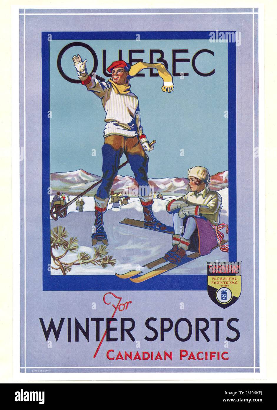 Posterdesign für Quebec Winter Sports, über den kanadischen Pazifik, zeigt ein Paar auf Skiern in einer verschneiten Landschaft. Stockfoto