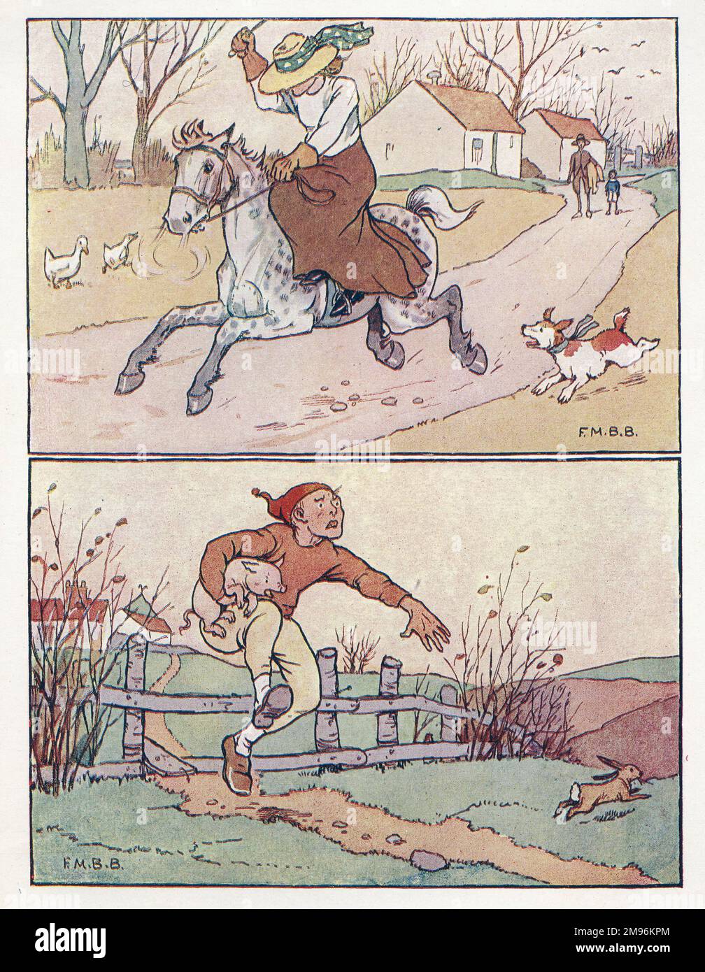 Kinderreime -- zwei Illustrationen. Oben... eine Frau auf einem entlaufenen Pferd. Unten... Tom, der Sohn des Pfeifers, stiehlt ein Schwein. Stockfoto