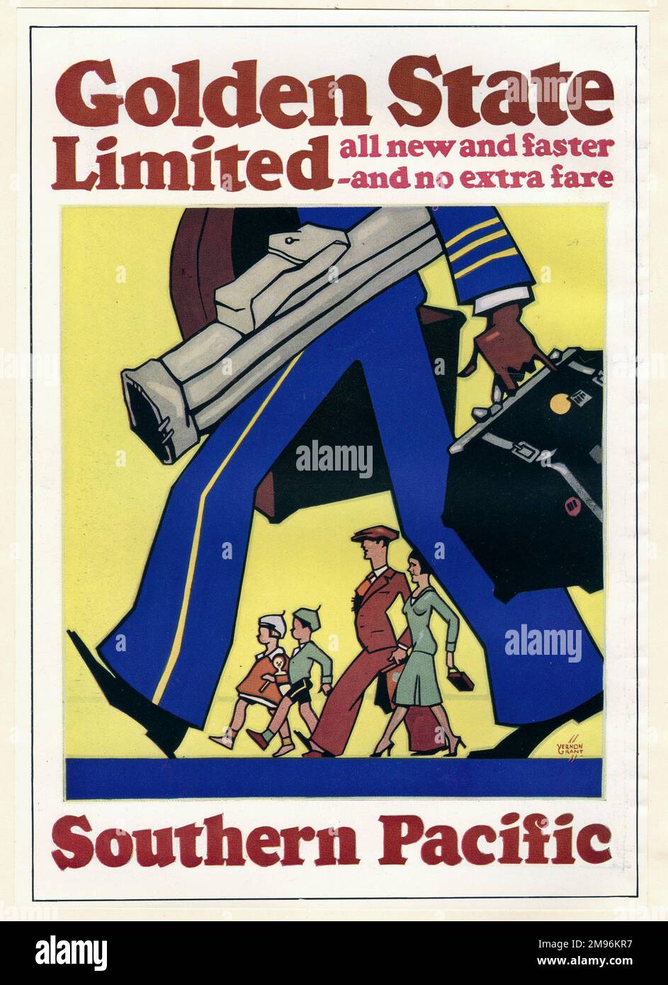Posterdesign für die Southern Pacific Railway, Golden State Limited, zeigt Personen, die mit ihrem Gepäck zum Zug fahren. Stockfoto