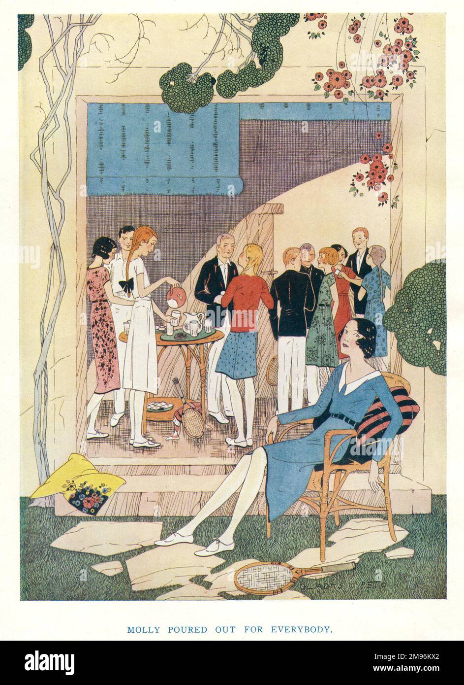 Gladys-Peto-Illustration in Storyland -- Molly hat für alle ausgeschüttet. Junge Leute in einem Garten zu sehen, sich nach einem Tennisspiel zu entspannen. Stockfoto