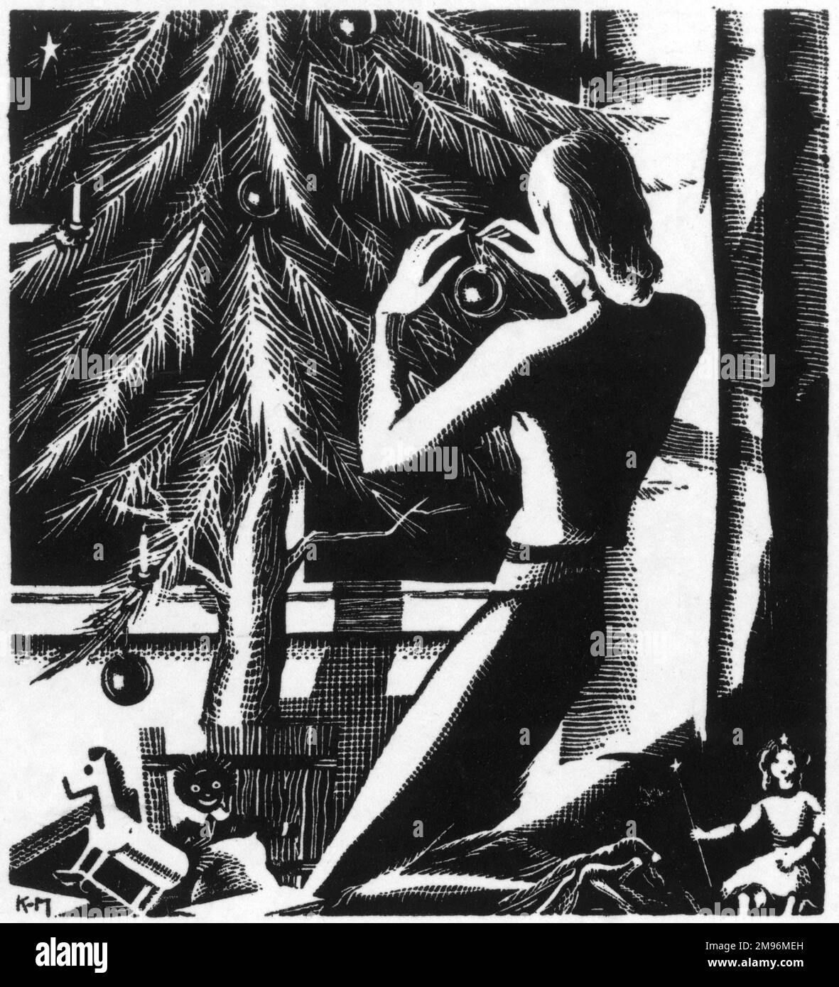 Eine schwarz-weiße Illustration, die eine Frau zeigt, die Kugeln an einen Weihnachtsbaum hängt. Stockfoto