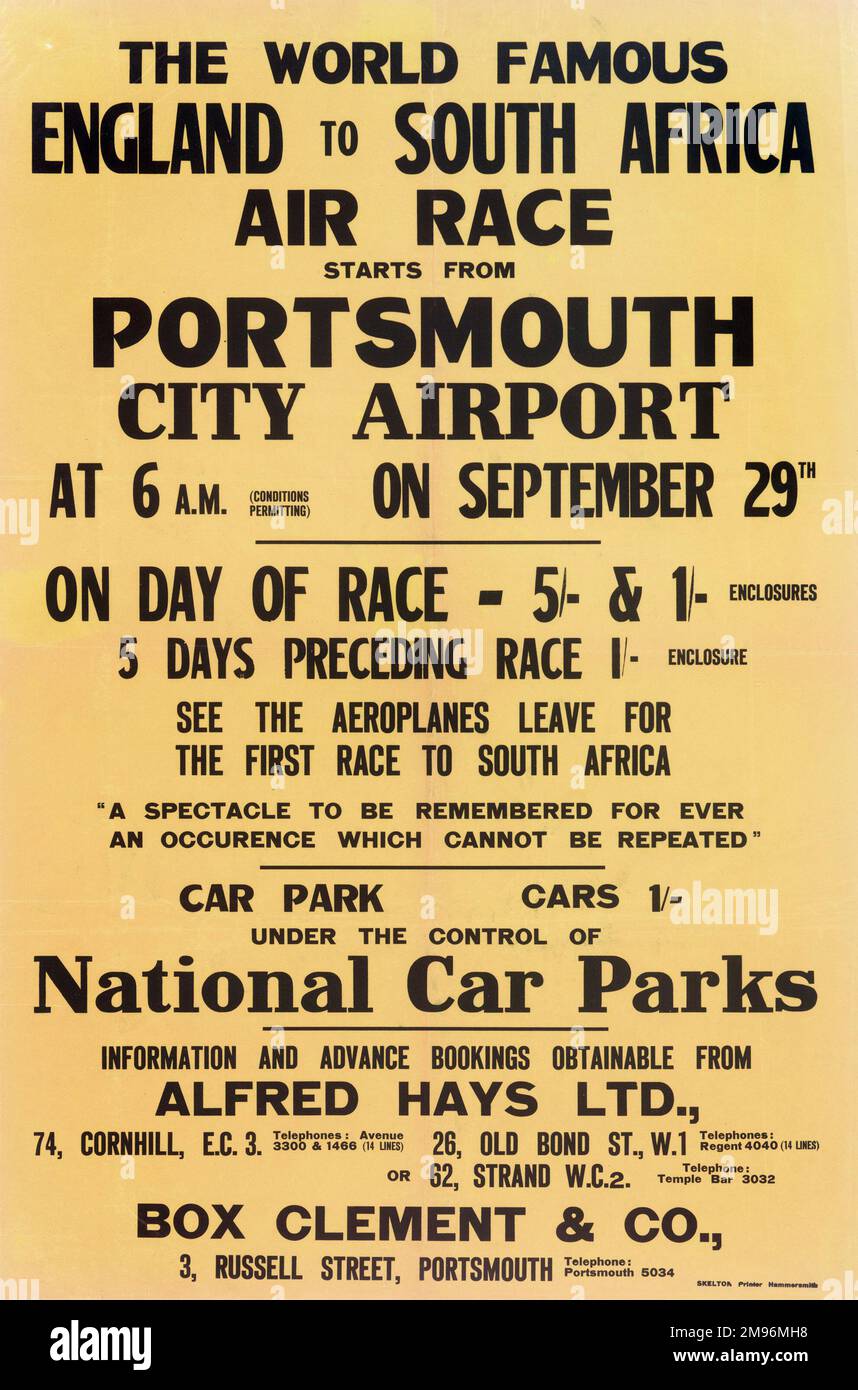 Poster, das weltberühmte Rennen England nach Südafrika vom Flughafen Portsmouth City. Stockfoto