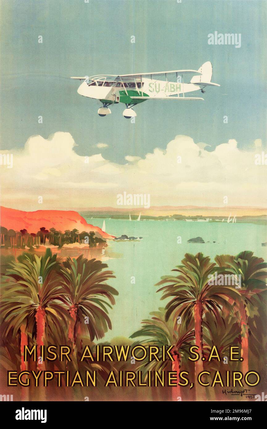 Poster, Egyptian Airlines, Kairo, zeigt De Havilland Passagier Biplane SU-ABH, der über Ägypten fliegt. MISR Airwork SAE. Stockfoto