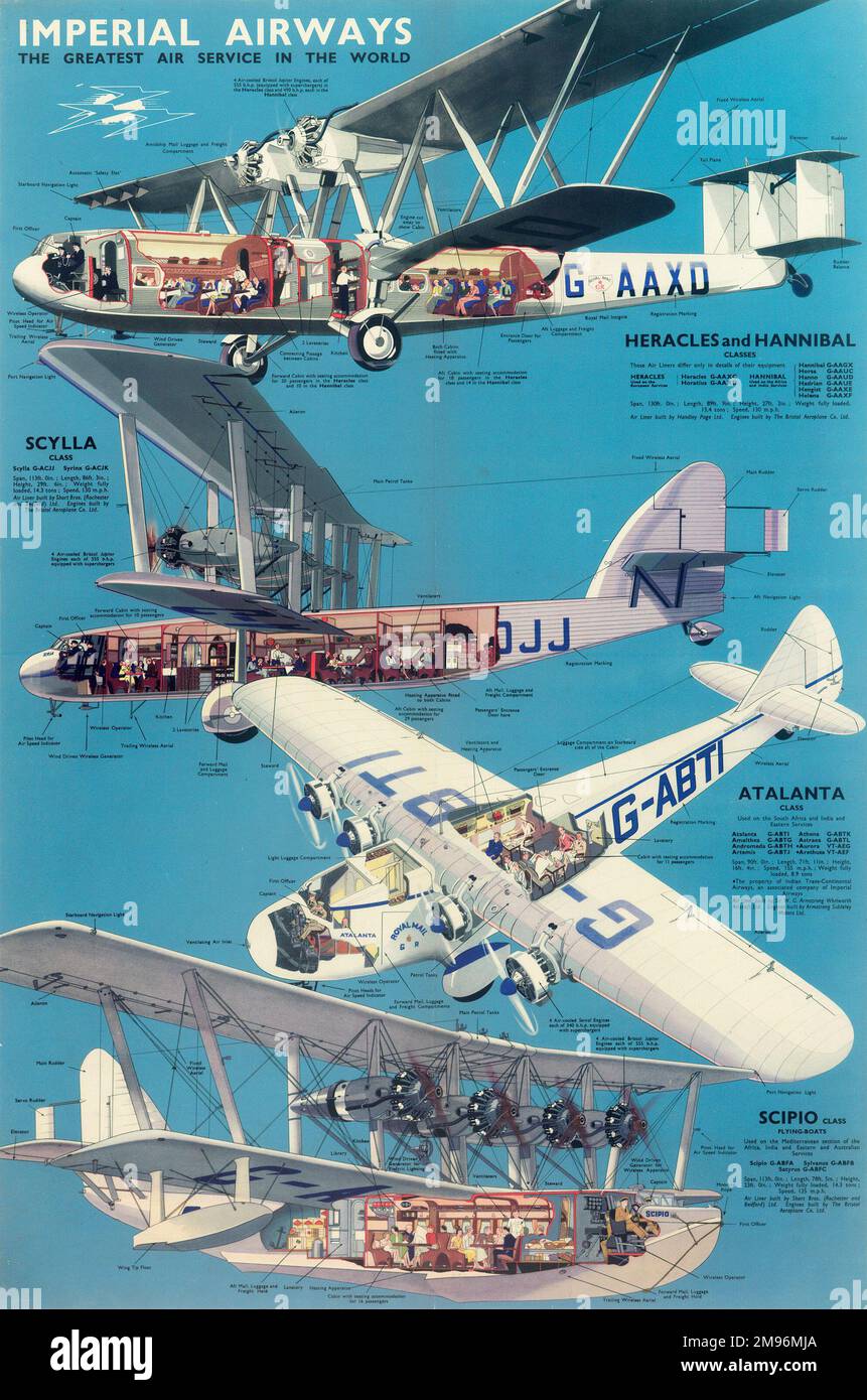 Imperial Airways Poster, das vier Arten von Flugzeugen zeigt, mit Schnittzeichnungen der Innenräume jeder Klasse - Heracles und Hannibal, Scylla, Atalanta und Scipio. Stockfoto