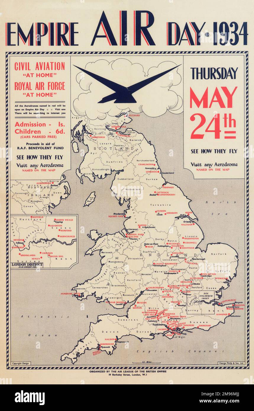 Poster, Empire Air Day 1934, organisiert von der Air League of the British Empire. Eine Zivilluftfahrt und RAF „zu Hause“. Mit einer Karte von Großbritannien, die zeigt, wo die Veranstaltungen stattfinden. Stockfoto