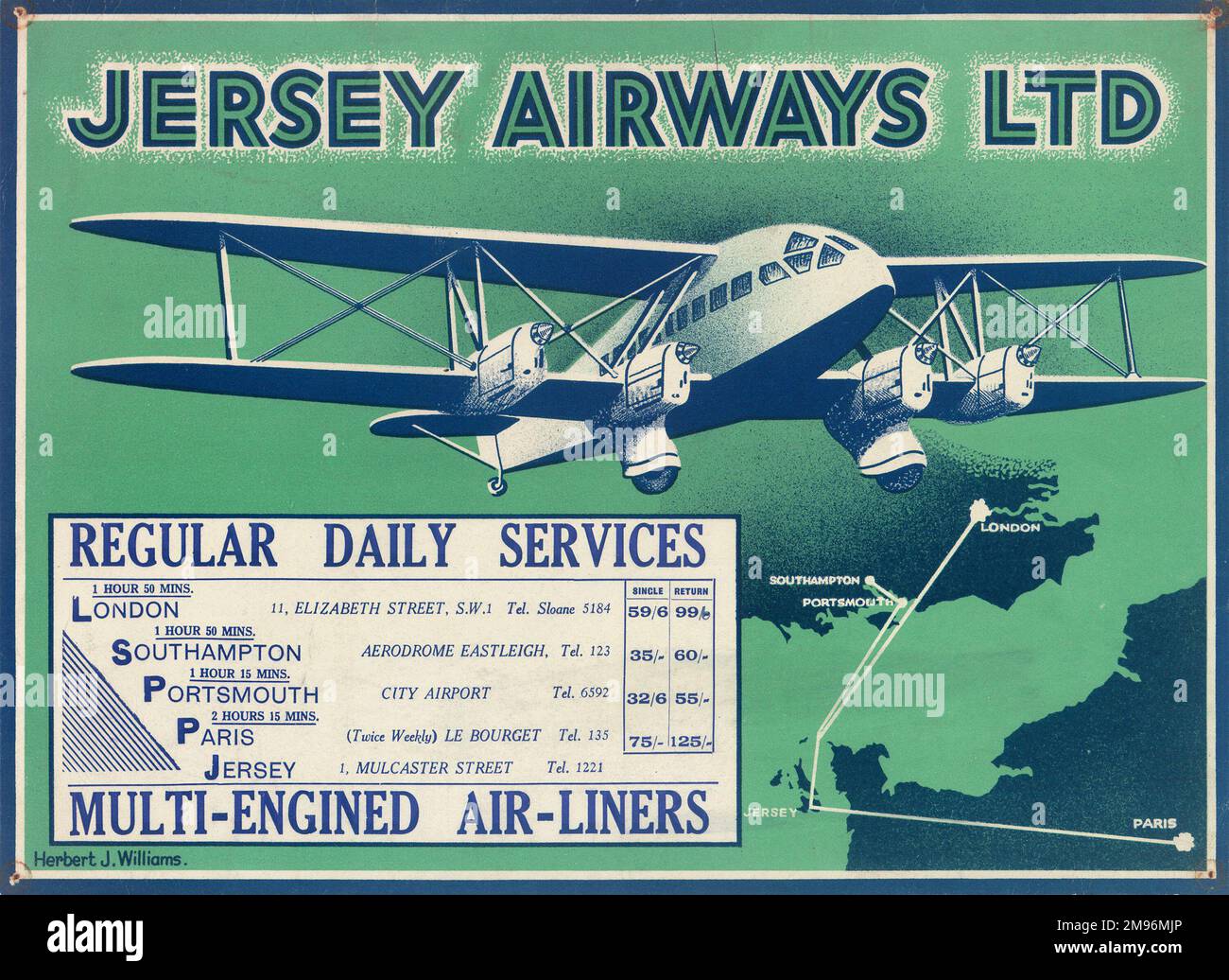 Poster, Jersey Airways Ltd, Regular Daily Services, Mehrmotorige Air-Liners. Zeigt ein De Havilland Doppeldecker mit einer Karte unten. Stockfoto