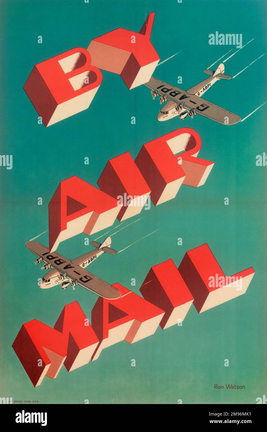GPO by Air Mail Poster mit großer, roter dreidimensionaler Schrift auf grün-blauem Hintergrund und zwei Zeichnungen des Flugzeugs Atalanta G-ABPI, das von rechts nach links fährt. Stockfoto