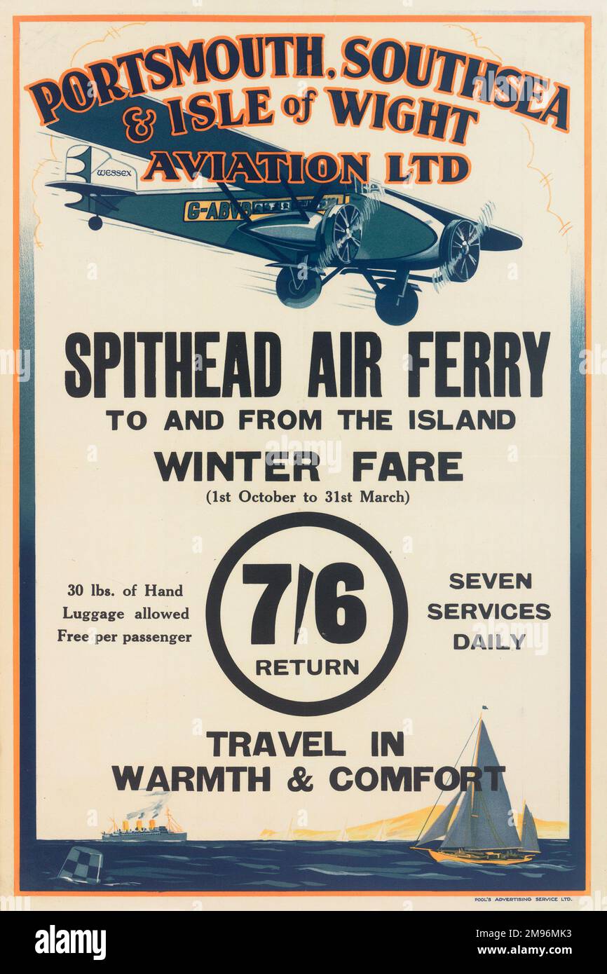Poster, Portsmouth, Southsea & Isle of Wight Aviation Ltd, Spithead Air Ferry von und zur Insel, Wintertarif sieben Schilling und sechseckige hin- und Rückfahrt, sieben Services täglich. Wärme und Komfort für unterwegs. Stockfoto