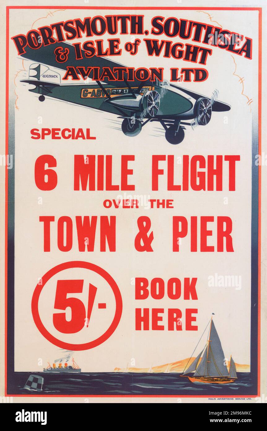 Poster, Portsmouth, Southsea & Isle of Wight Aviation Ltd, Sonderflug über die Stadt und den Pier, 6 Schilling. Stockfoto