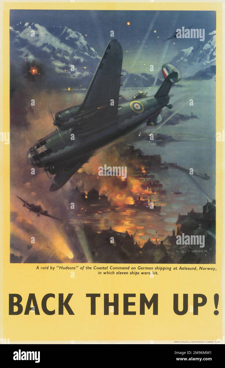 RAF Poster, sichern Sie sie!, zeigt einen Angriff von Hudson-Flugzeugen des Küstenkommandos auf deutsche Schiffe in Aalesund, Norwegen, während des Zweiten Weltkriegs, bei dem elf Schiffe getroffen wurden. Stockfoto