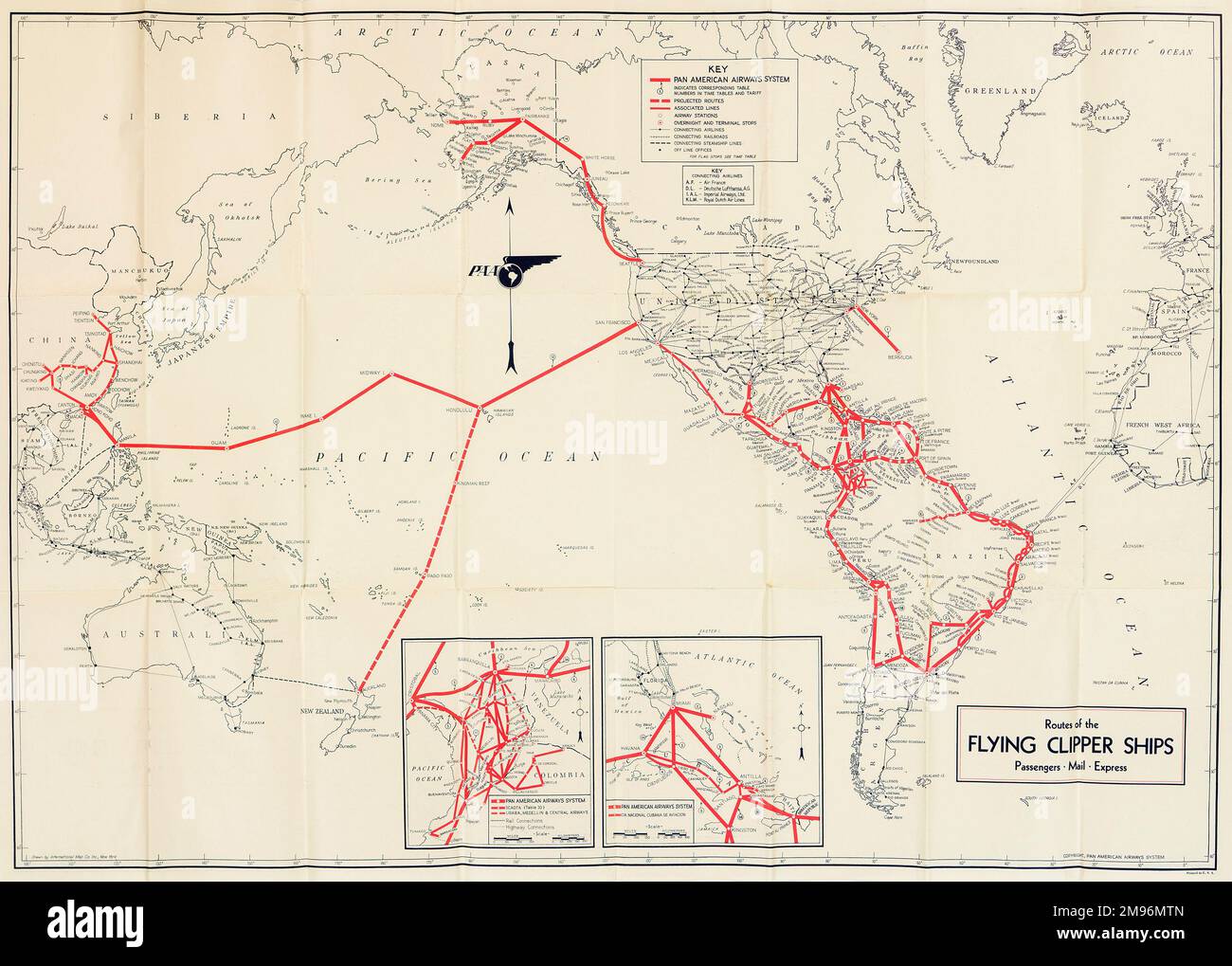 Globale Streckenkarte des Pan American Airways System der Flying Clipper Ships (Passagiere, Post, Express). Stockfoto