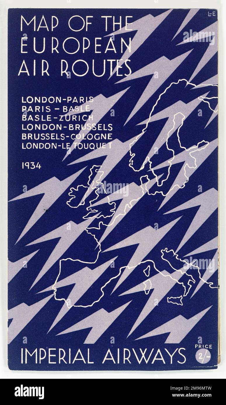 Cover-Design, Imperial Airways-Karte der europäischen Flugstrecken für 1934: London-Paris, Paris-Basel, Basel-Zürich, London-Brüssel, Brüssel-Köln, London-Le Touquet. Mit stilisierten Vögeln (oder Flugzeugen) über einer Karte von Europa. Stockfoto