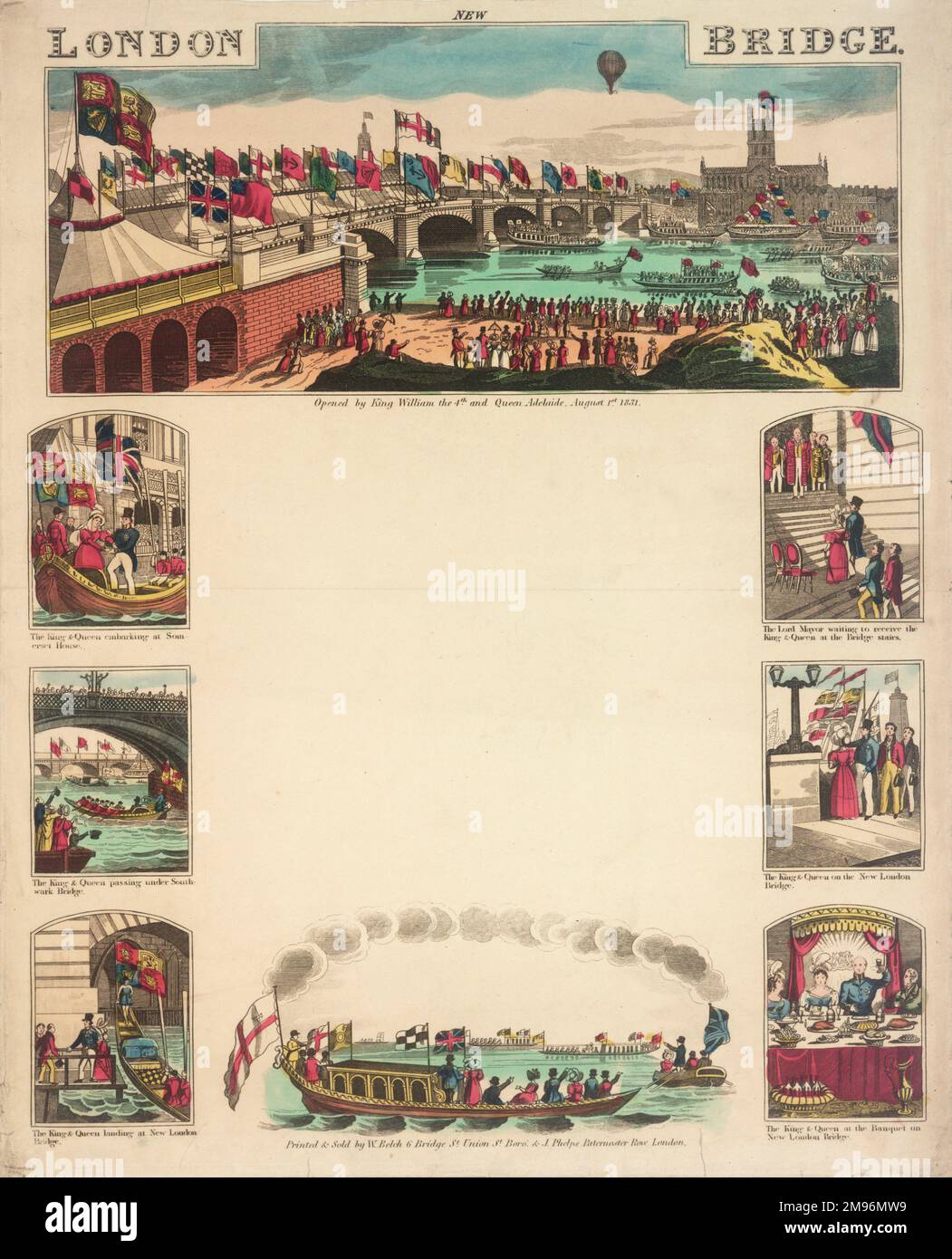 Eine Reihe von farbigen Zeichnungen, die die Eröffnung der New London Bridge von König William IV. Und Königin Adelaide zeigen. Stockfoto