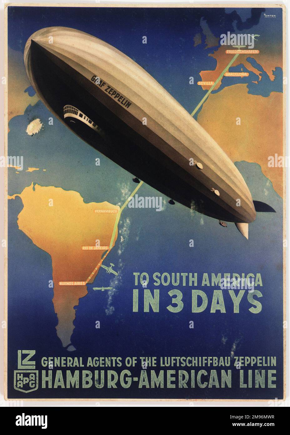 Plakat mit Werbung für die deutsche Zeppelin Hamburg-American Line, LZ 127 Graf Zeppelin Luftschifffahrt von Friedrichshafen, Deutschland, nach Buenos Aires, Argentinien. Stockfoto